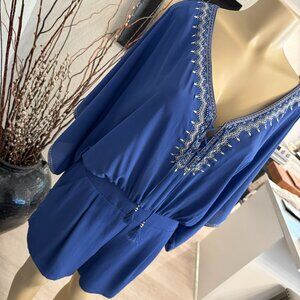 WHITE HOUSE BLACK MARKET ConeFlower Blue Mid Sleeve  Polyester Mid Thigh ROMPER